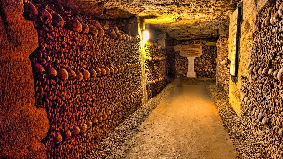 Arranged wall of bones inside the Paris Catacombs