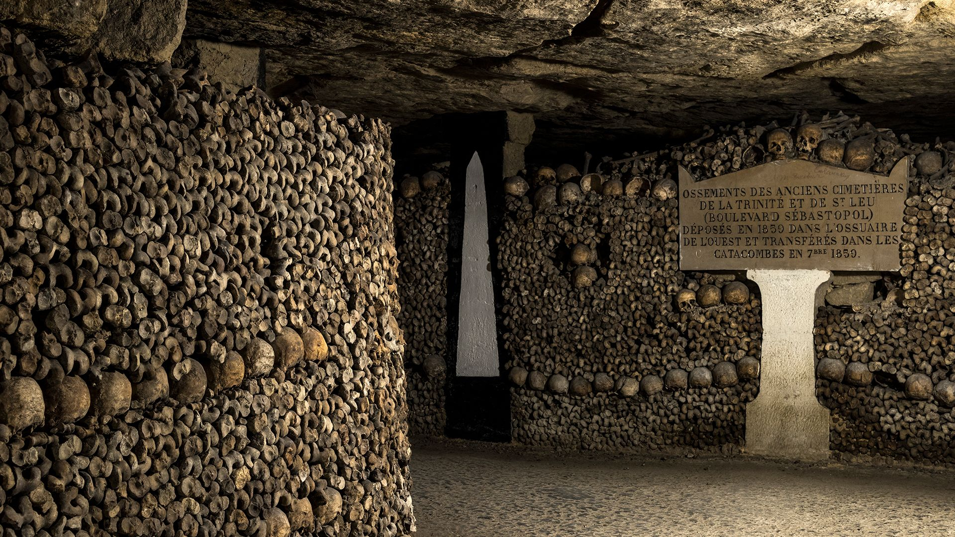 Underground walkway in the Paris Catacombs